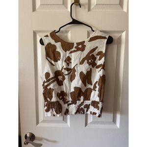 NWOT Magaschoni 100% Linen Cropped Sleeveless Top‎ Smocked Hem Size Large